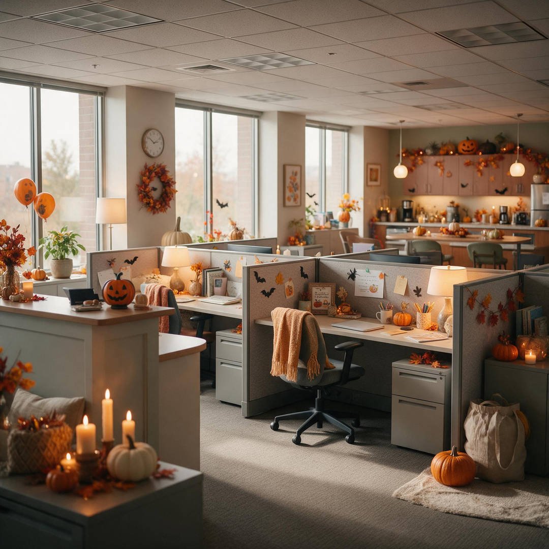 A wide panoramic lifestyle photograph of a bustling, productive office space tastefully decorated for Halloween