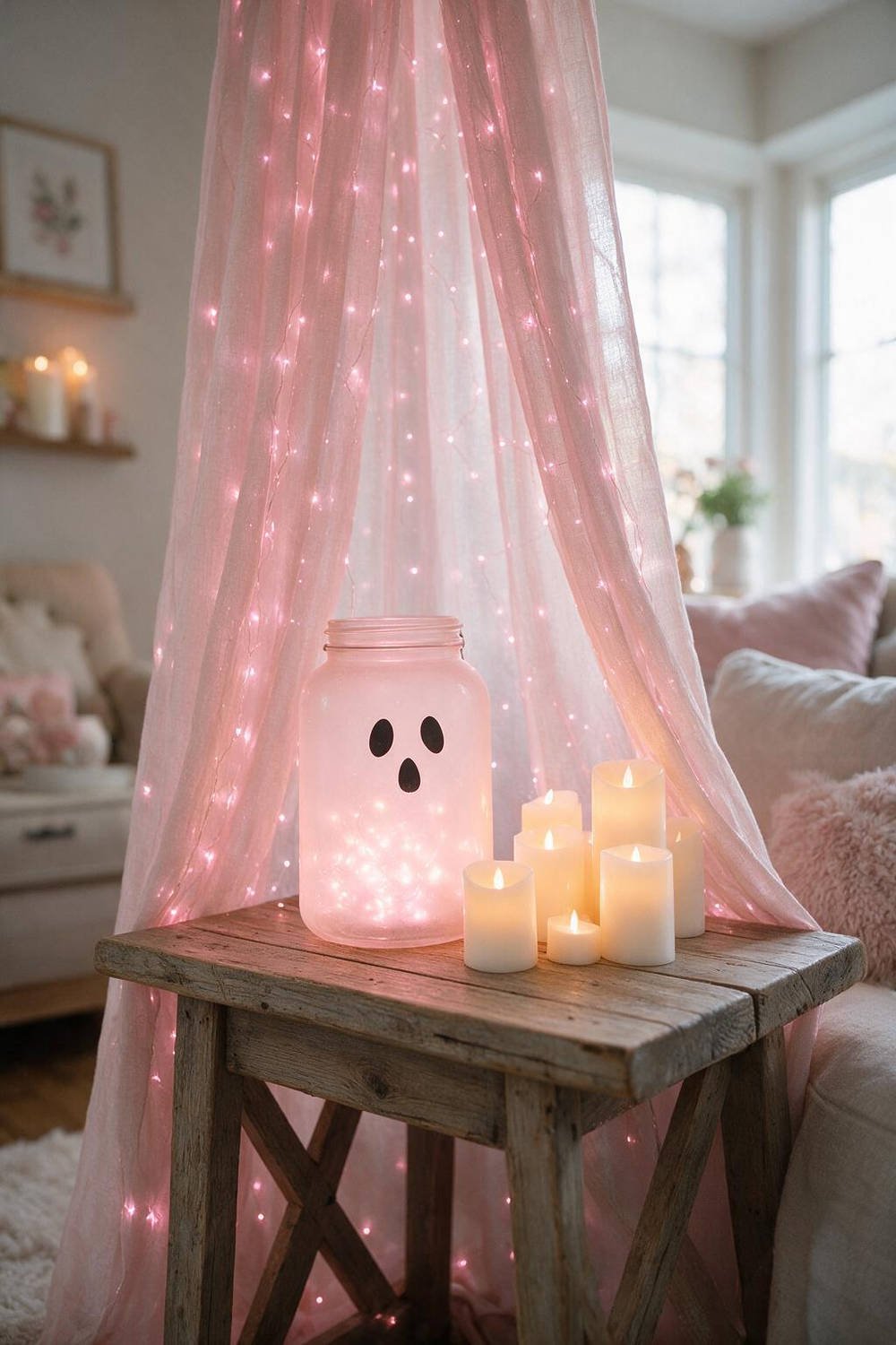 A dreamy evening living room display illuminated by soft pink micro fairy lights, glowing ghost lanterns, and warm candlelight