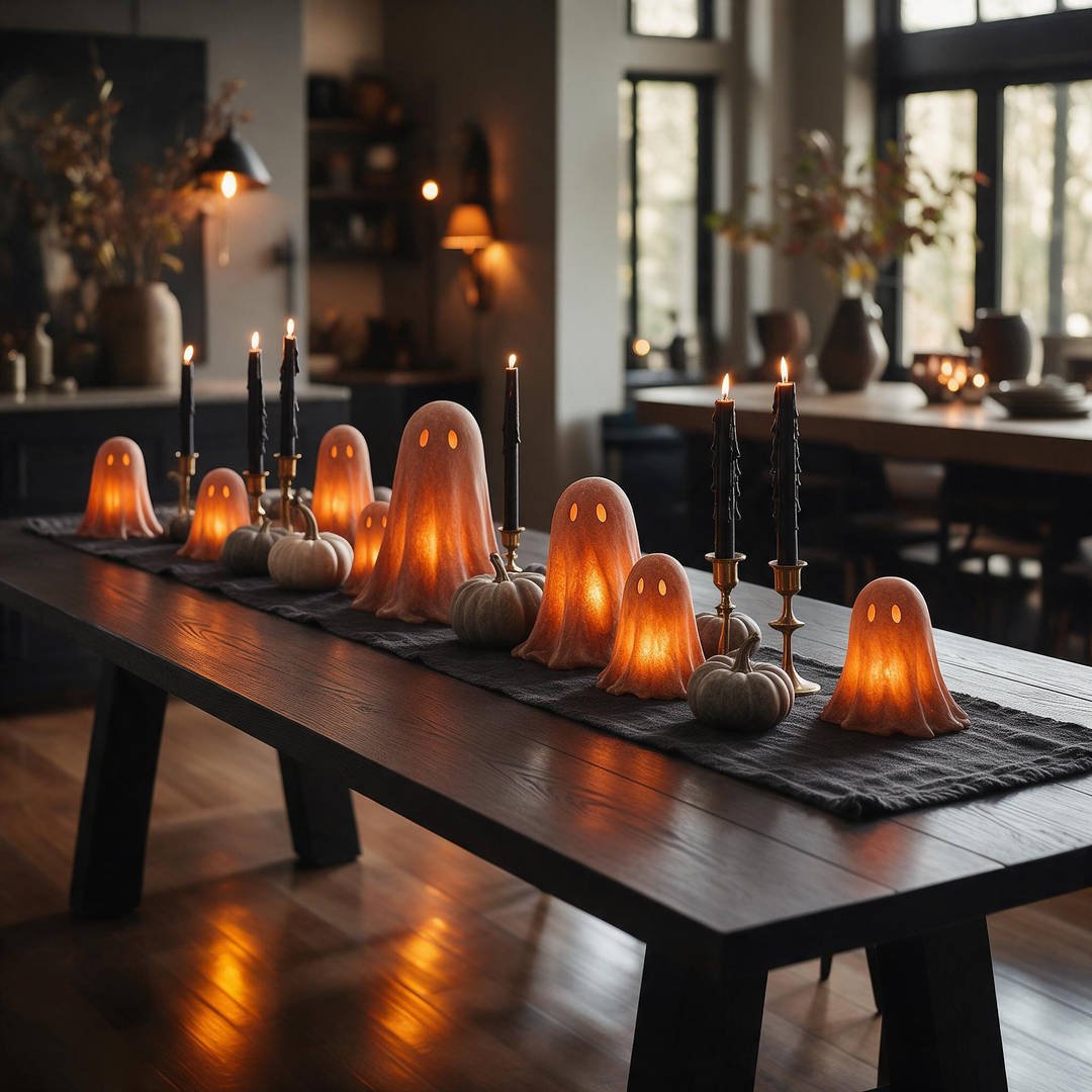 A complete panoramic evening view of a luxurious designer dining room styled with Pottery Barn inspired Halloween decor