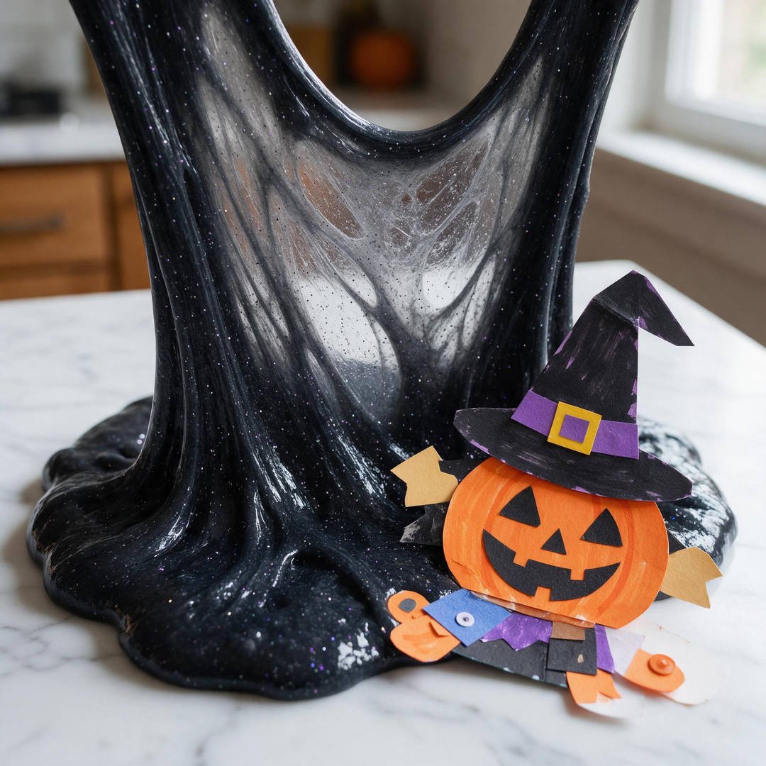 10 Spooky DIY Monster Slime Ideas for Eerie Halloween Fun 10 Shimmering Midnight Monster Slime - Deep obsidian black fluffy slime with fine holographic galaxy sparkle and mini purple stars