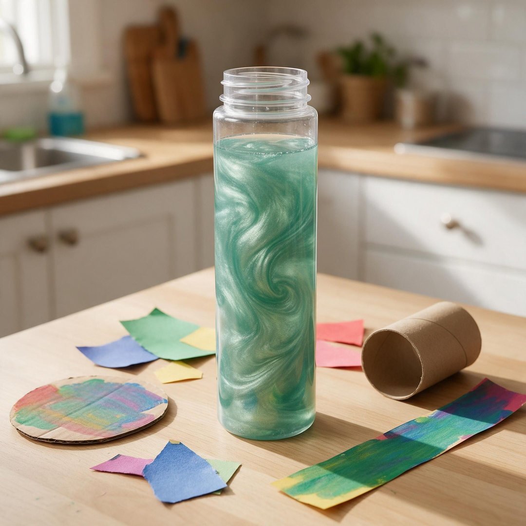 10 Kid-Safe DIY Potion Making Recipes for Halloween Fun 10 Shimmering Swirl Sensory Potion - Clear smooth sensory bottle filled with hypnotic metallic pearlescent teal liquid swirling in satin waves