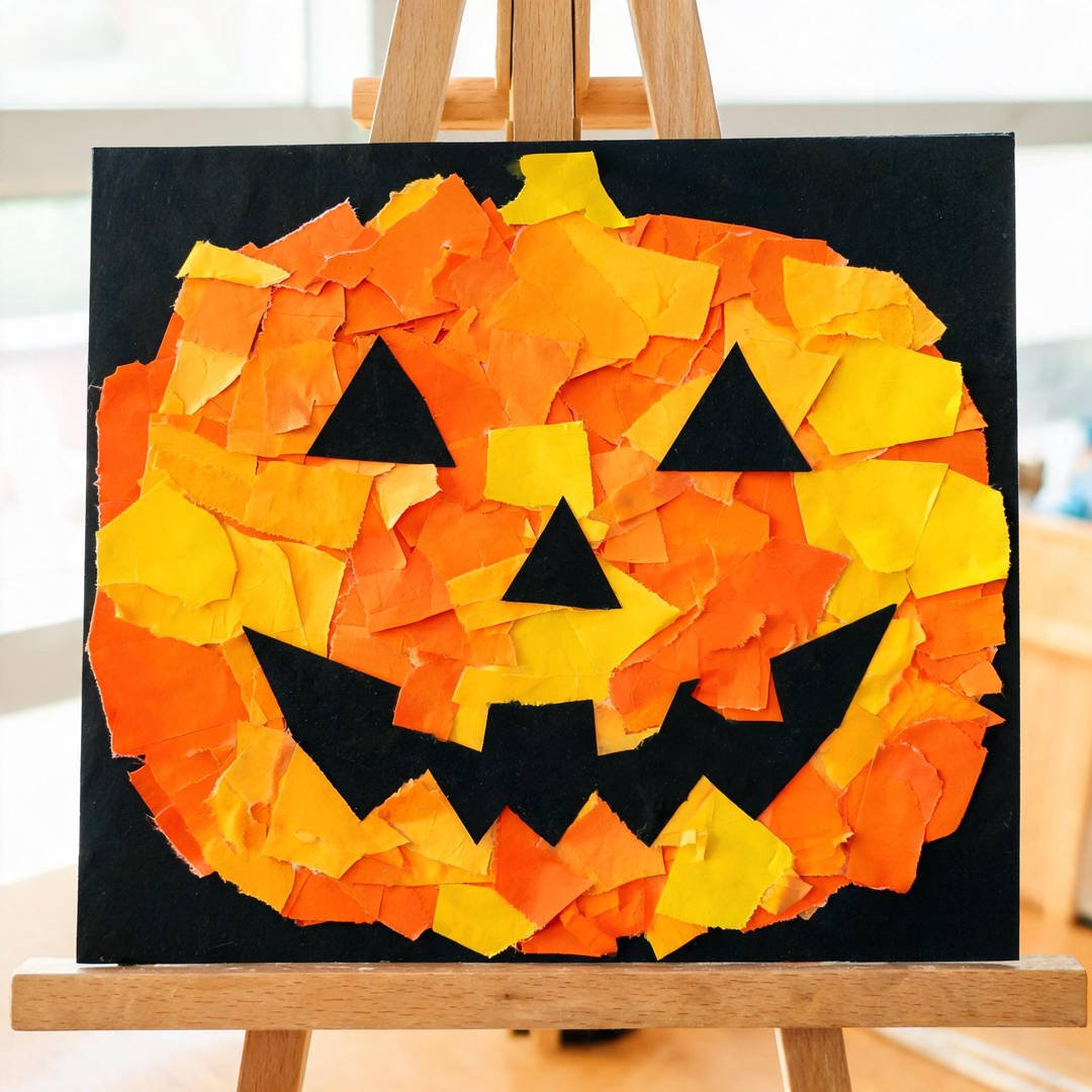 10 Easy Halloween Crafts for School (Grades 1-5) 10 Torn Paper Jack-O'-Lantern Mosaic - Torn construction paper mosaic pumpkin on heavy black cardstock