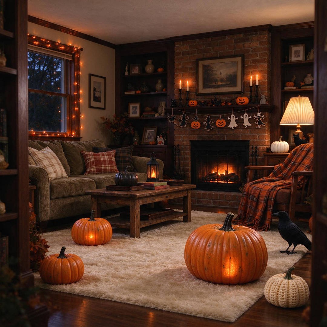 A wide evening living room view filled with warm nostalgic vintage Halloween glow from blow molds, string lights, and paper cutouts