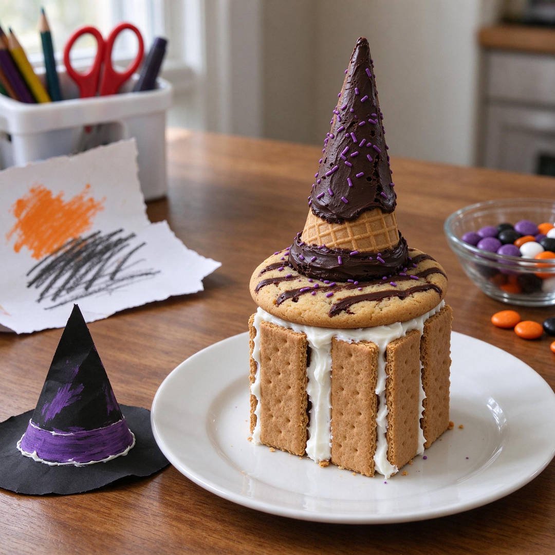 Shimmering Witch Hat Gingerbread Tower - Graham cracker tower topped with an upside-down chocolate sugar ice cream cone witch hat