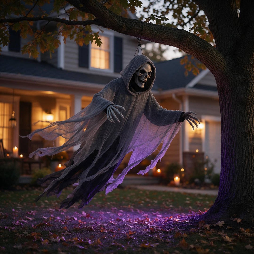 25+ Best Home Depot Halloween Decorations for 2026 (Viral Animatronics & Porch Decor!) 11 7-foot motorized floating grim reaper yard prop hanging from a suburban tree limb with purple uplighting