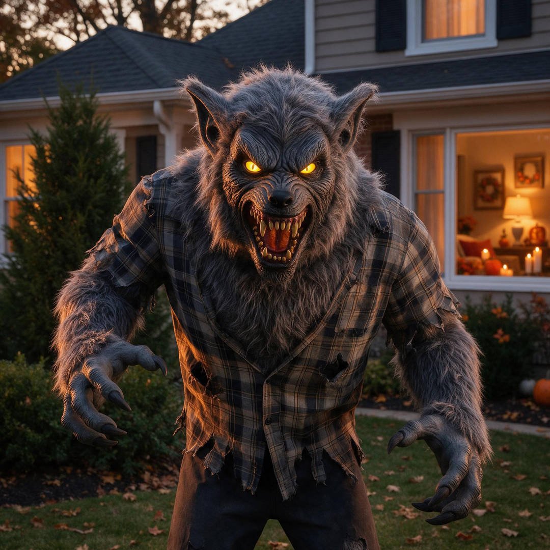 25+ Best Home Depot Halloween Decorations for 2026 (Viral Animatronics & Porch Decor!) 12 Giant 9-foot Home Depot animatronic werewolf standing among evergreens on a suburban lawn
