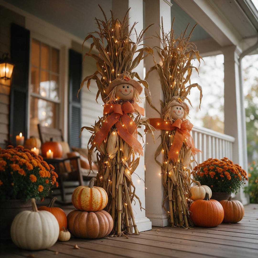 25+ Best Home Depot Halloween Decorations for 2026 (Viral Animatronics & Porch Decor!) 13 Natural dried cornstalks and fairy lights bundled around craftsman porch columns with heirloom pumpkins