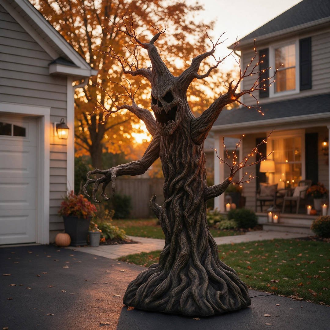 25+ Best Home Depot Halloween Decorations for 2026 (Viral Animatronics & Porch Decor!) 15 8-foot gnarled spooky tree monster animatronic with glowing amber branches beside a driveway