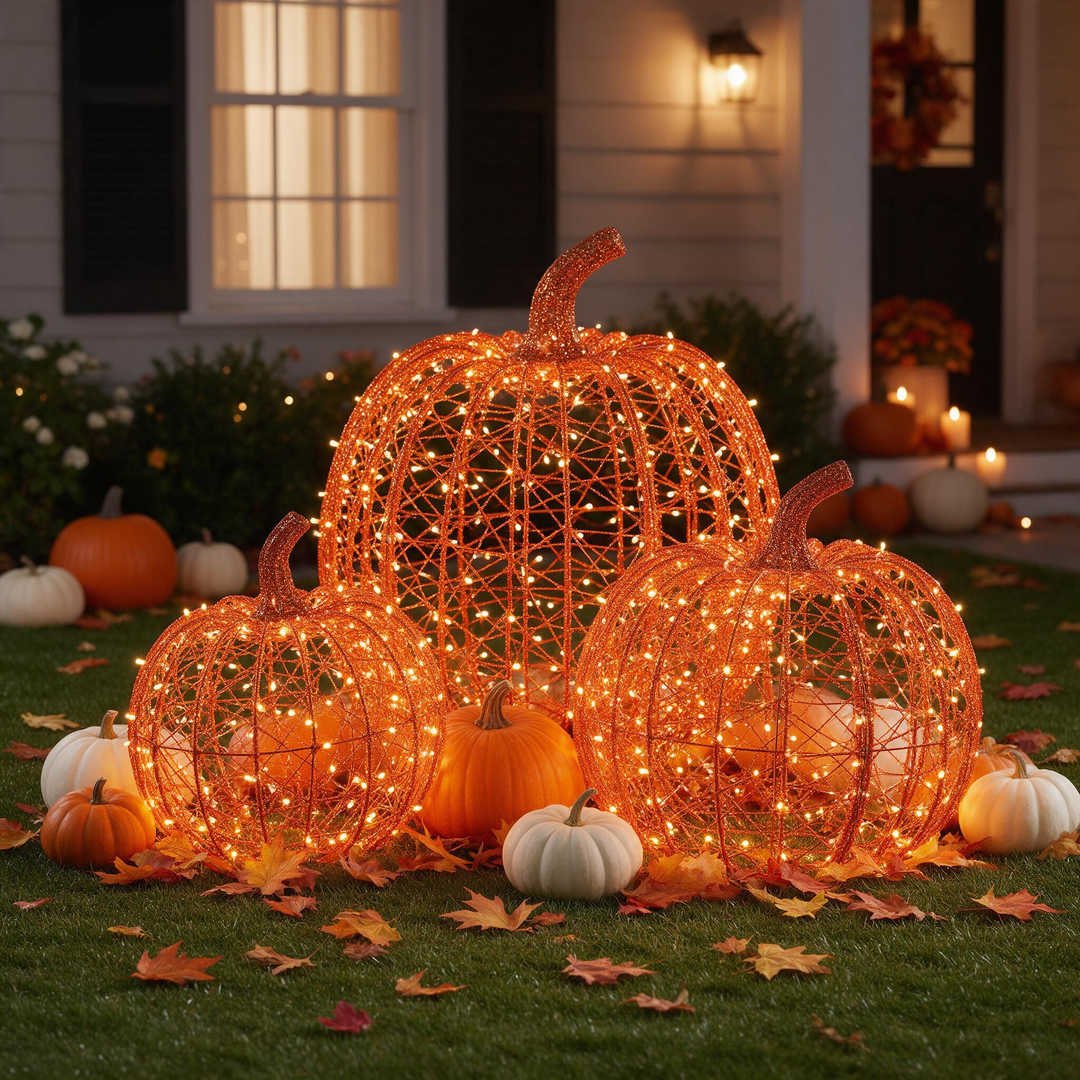 25+ Best Home Depot Halloween Decorations for 2026 (Viral Animatronics & Porch Decor!) 16 Trio of illuminated glittering orange wire-frame 3D pumpkin sculptures on a suburban lawn