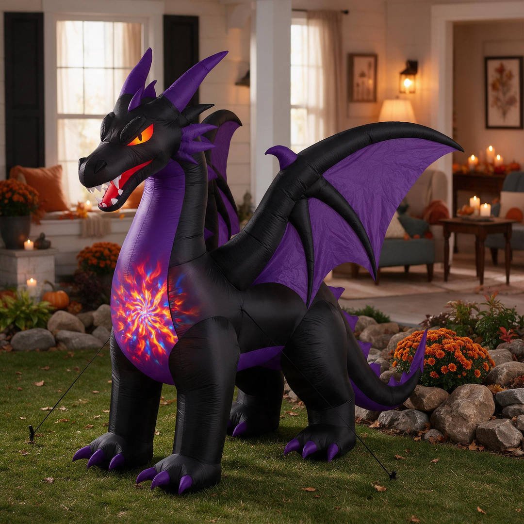 25+ Best Home Depot Halloween Decorations for 2026 (Viral Animatronics & Porch Decor!) 18 10-foot black and purple inflatable dragon with glowing kaleidoscope flame light on front lawn