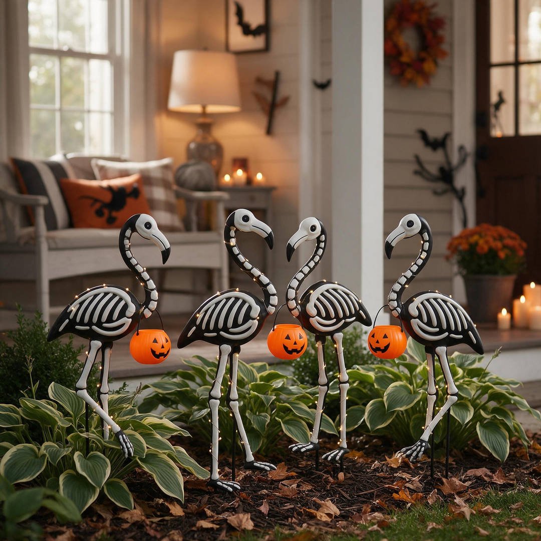 25+ Best Home Depot Halloween Decorations for 2026 (Viral Animatronics & Porch Decor!) 19 Black-and-white skeleton flamingo garden stakes arranged in a flowerbed with fairy lights