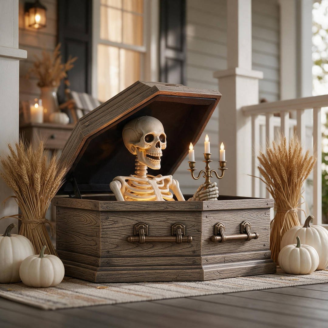 25+ Best Home Depot Halloween Decorations for 2026 (Viral Animatronics & Porch Decor!) 20 Distressed wood animated coffin prop opening on a covered porch to reveal a glowing skeleton