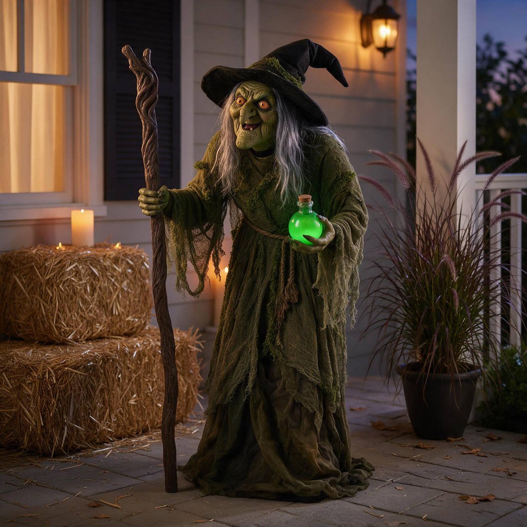 25+ Best Home Depot Halloween Decorations for 2026 (Viral Animatronics & Porch Decor!) 21 7-foot animated swamp witch holding a staff and glowing potion bottle beside porch hay bales