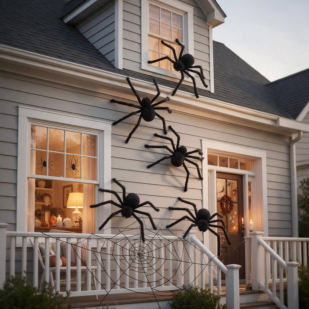 25+ Best Home Depot Halloween Decorations for 2026 (Viral Animatronics & Porch Decor!) 22 Large fuzzy black posable spiders climbing exterior home siding with giant webbing
