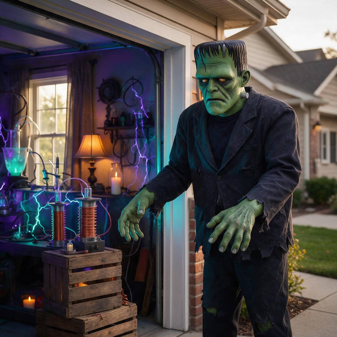 25+ Best Home Depot Halloween Decorations for 2026 (Viral Animatronics & Porch Decor!) 23 8-foot Frankenstein monster animatronic standing near a garage haunt laboratory with neon lighting