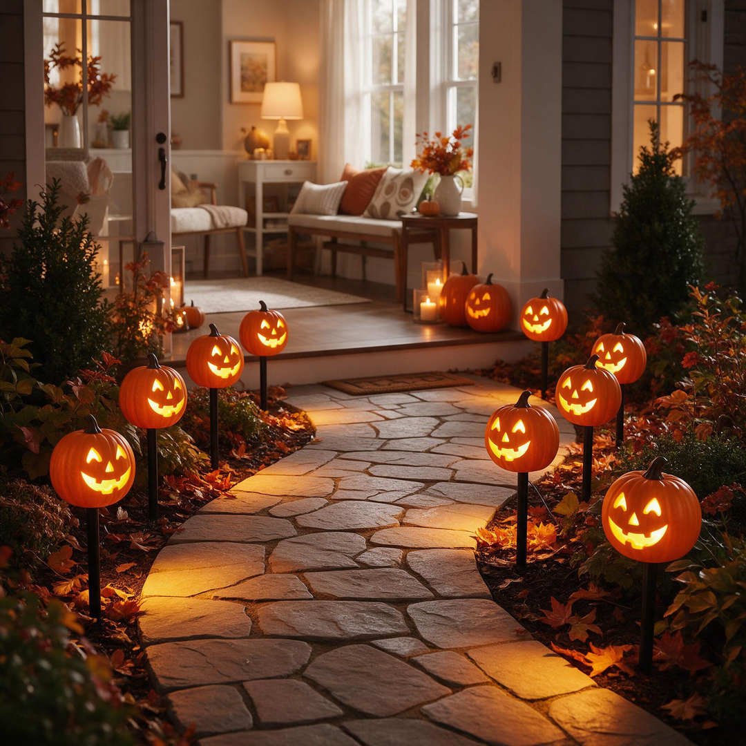 25+ Best Home Depot Halloween Decorations for 2026 (Viral Animatronics & Porch Decor!) 24 Curved front yard flagstone walkway lined with glowing carved pumpkin pathway stakes