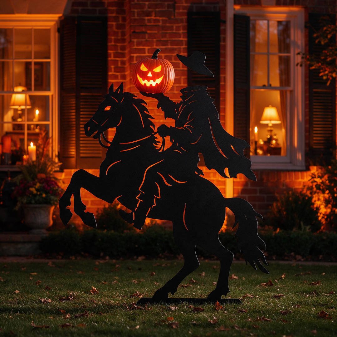 25+ Best Home Depot Halloween Decorations for 2026 (Viral Animatronics & Porch Decor!) 25 7-foot rearing Headless Horseman lawn silhouette holding a glowing jack-o'-lantern against brick facade